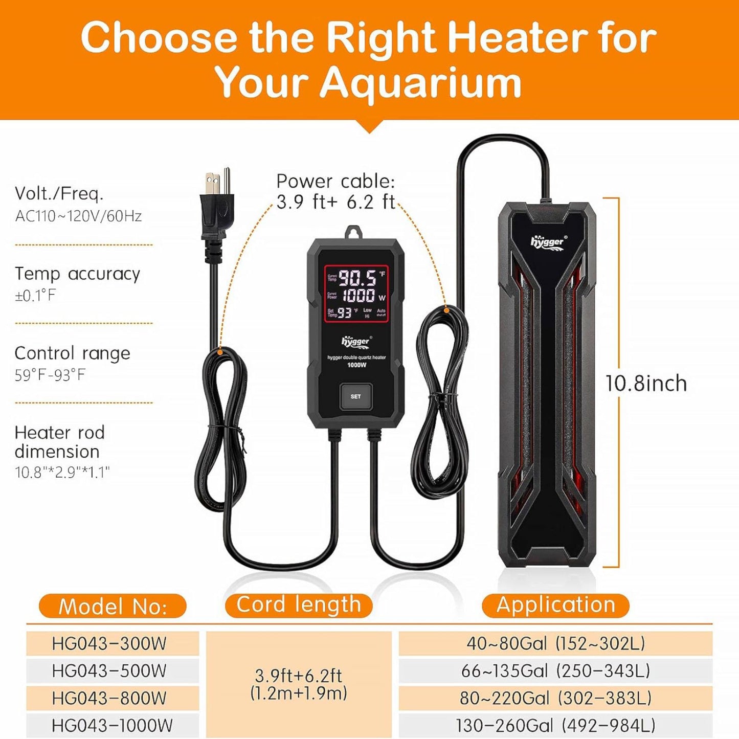 Hygger Submersible Double Quartz Heater 800W