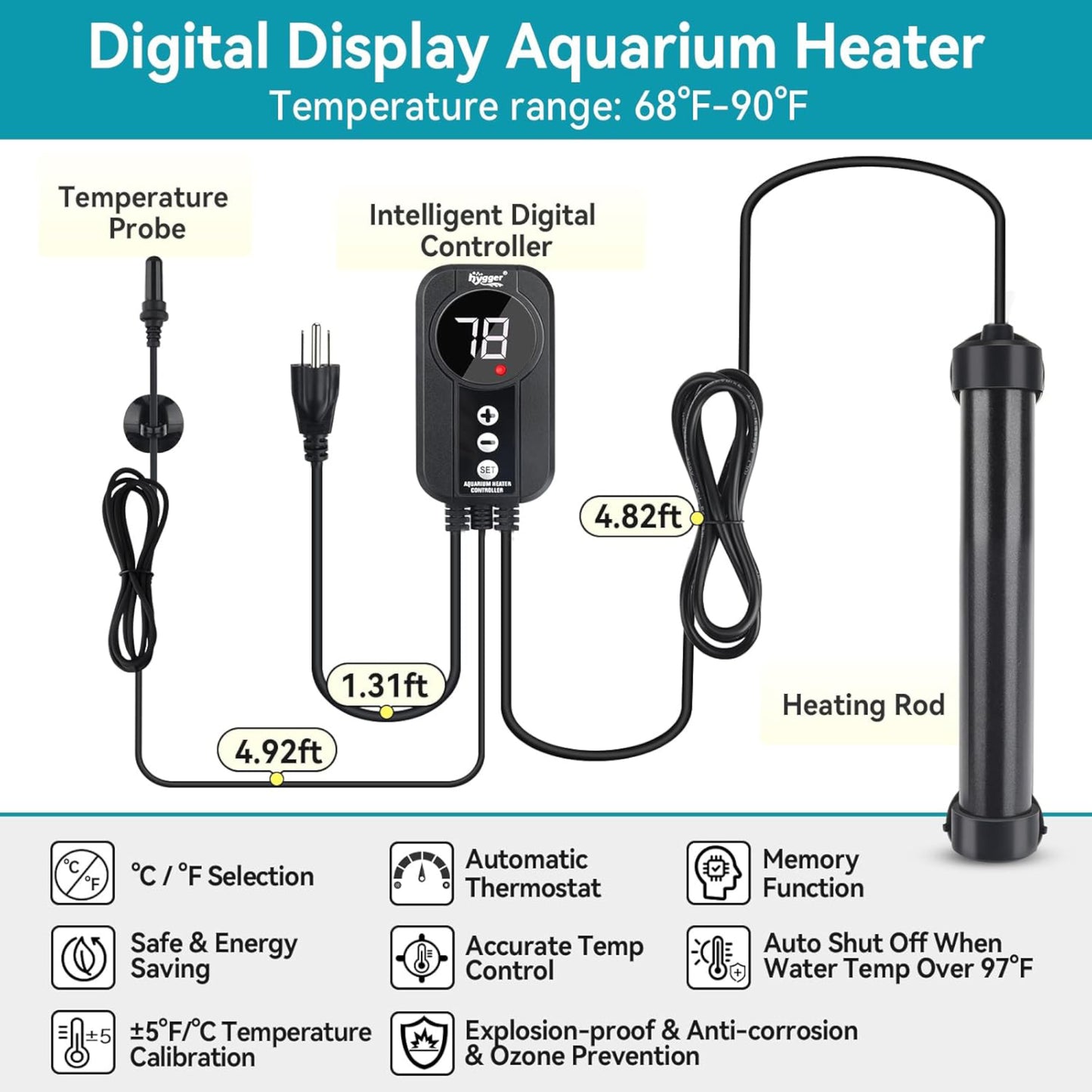 Hygger Titanium Heater with Digital LED Controller and Temperature Probe