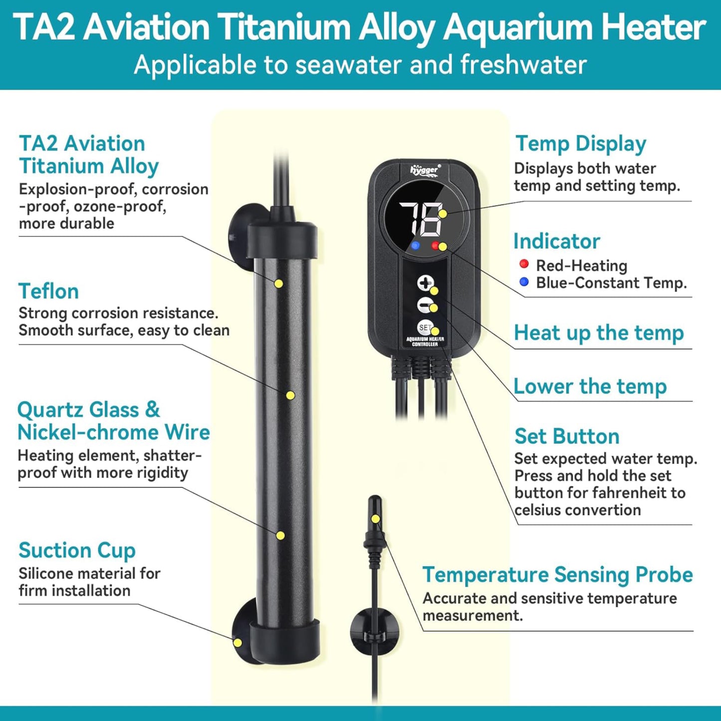 Hygger Titanium Heater with Digital LED Controller and Temperature Probe