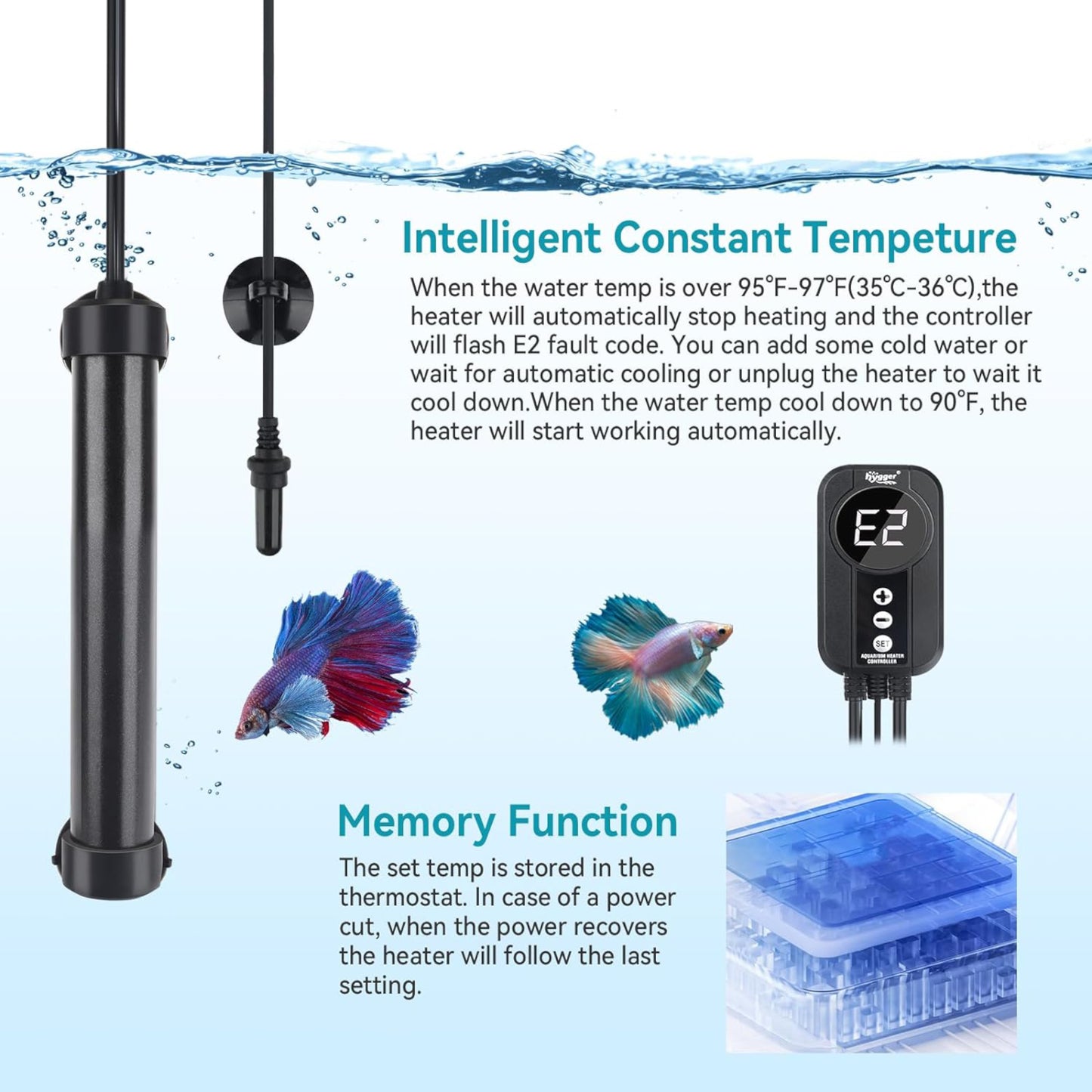 Hygger Titanium Heater with Digital LED Controller and Temperature Probe