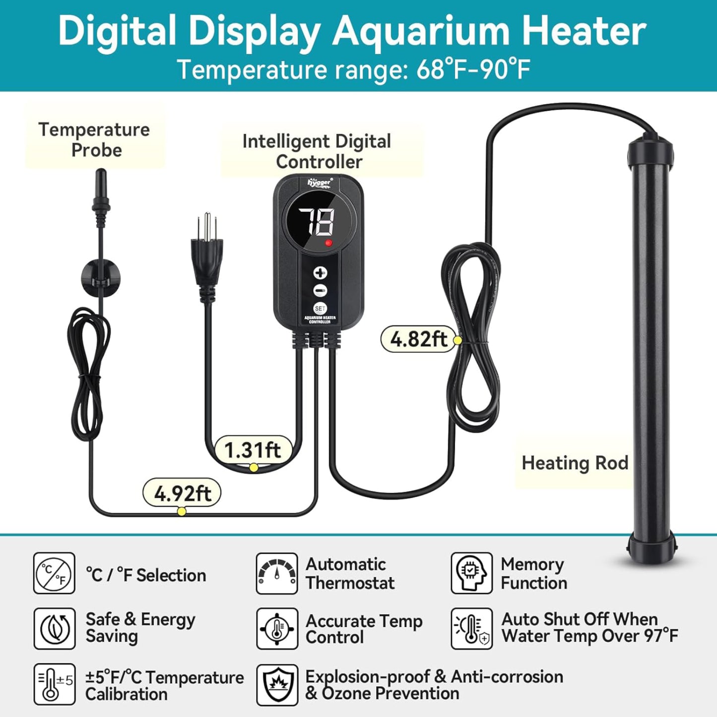 Hygger Titanium Heater with Digital LED Controller and Temperature Probe