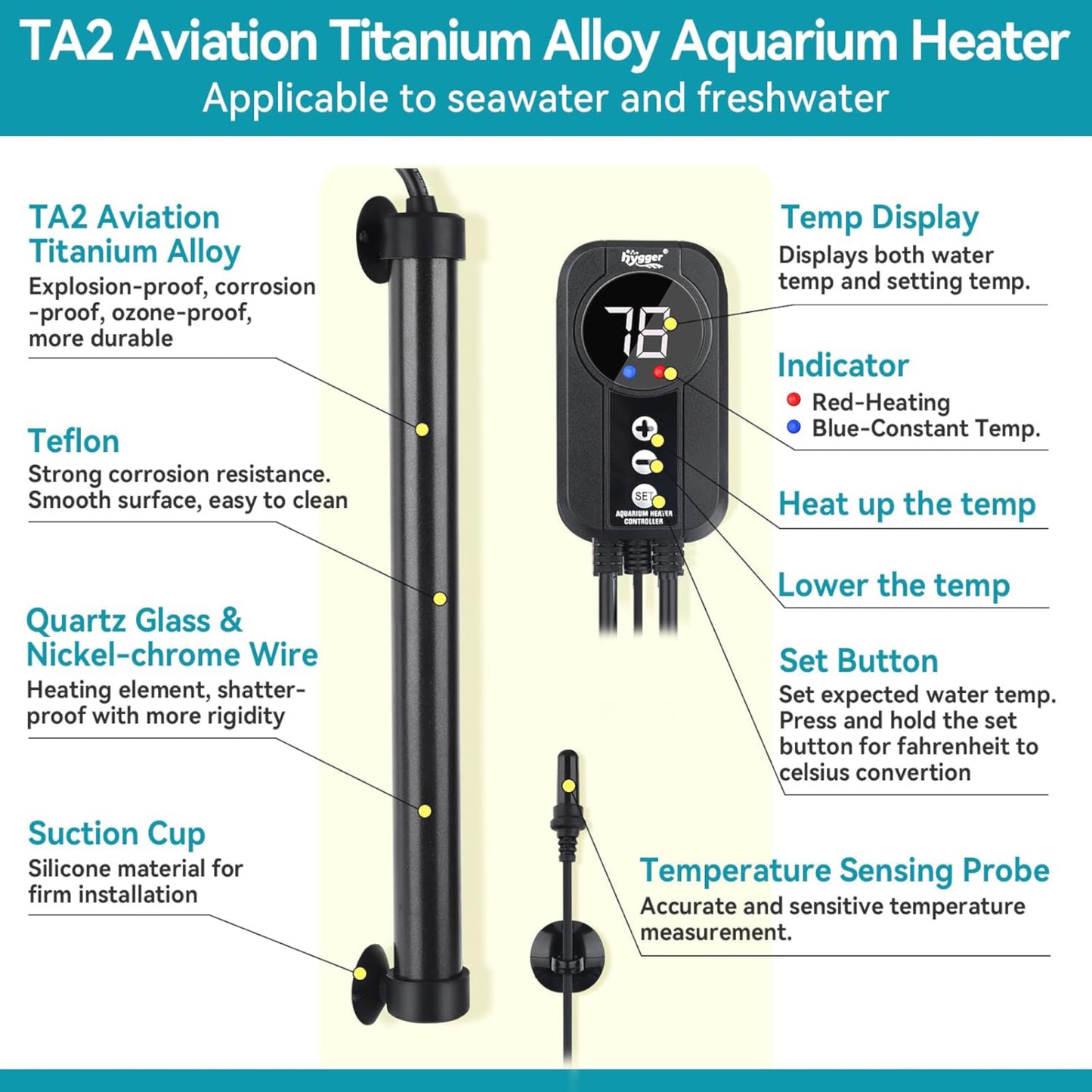 Hygger Titanium Heater with Digital LED Controller and Temperature Probe