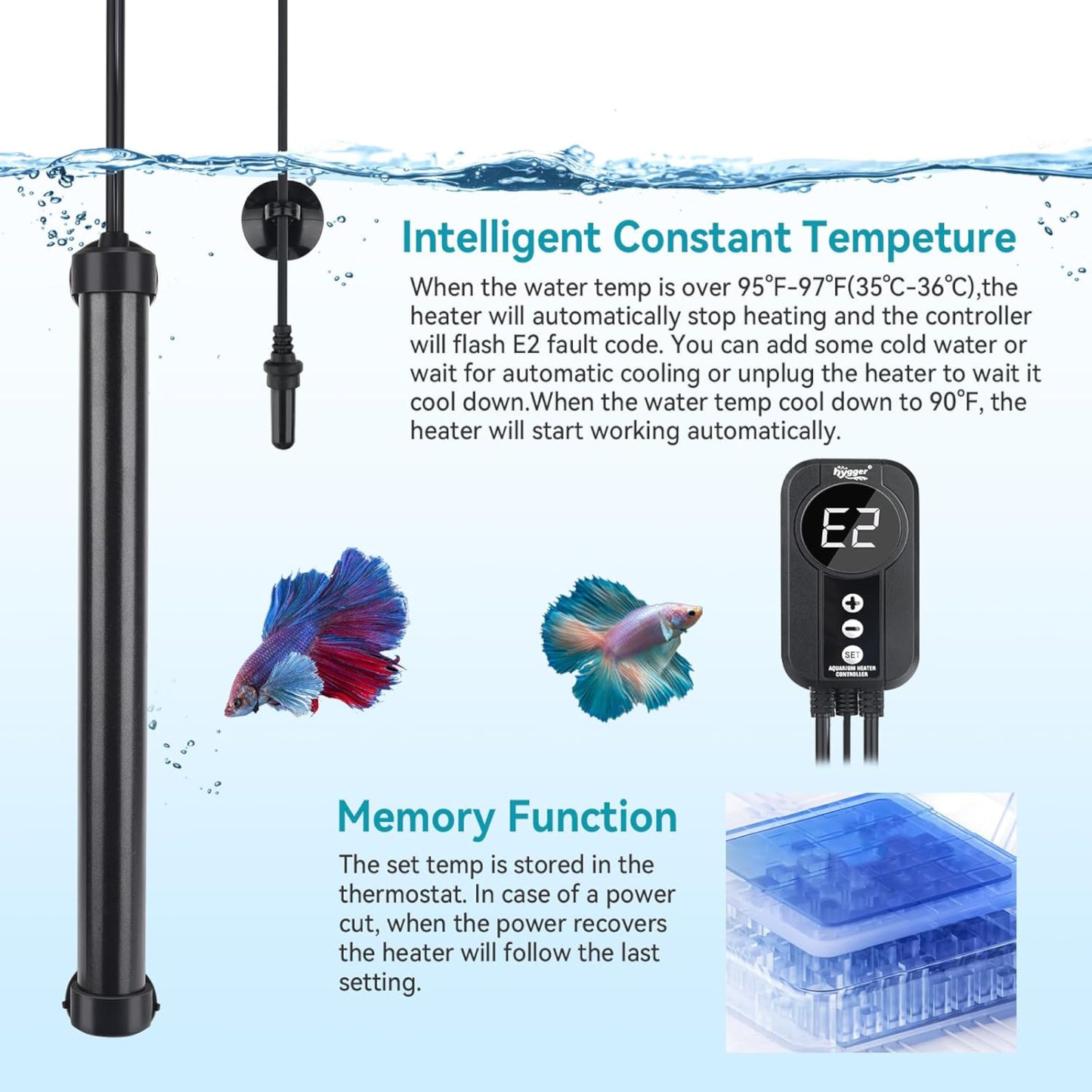 Hygger Titanium Heater with Digital LED Controller and Temperature Probe